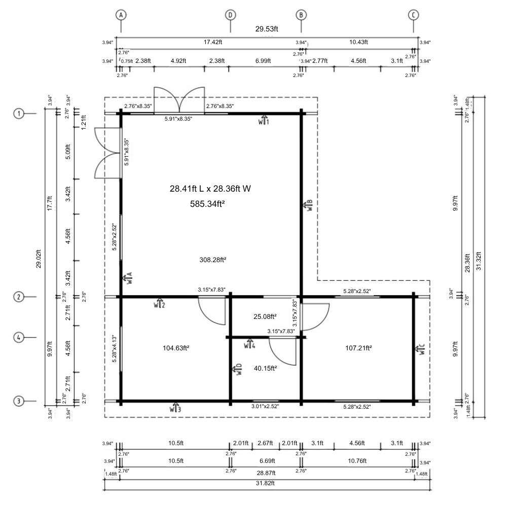 Floor plan layout showing interior room dimensions and wall measurements for GardenHouse24 USA Harbord 70 Garden Room