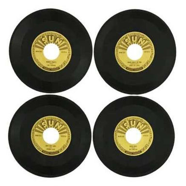 Four vinyl records from the Sun Records collection, part of the Crosley RSD3 Mini Turntable for 3 Inch Vinyl Records w Sun Records Set of 4, are arranged with their golden labels visible