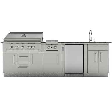 Front-facing image displays the Sunstone Deluxe 10ft Outdoor Grill & Cabinet Island Package with clearly arranged grill, side burner, fridge, and sink in a straight line