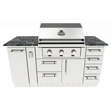 Front-facing view of the Sunstone 5.5ft Outdoor Grill Island Package showcases its three control knobs, drawers, and modern design
