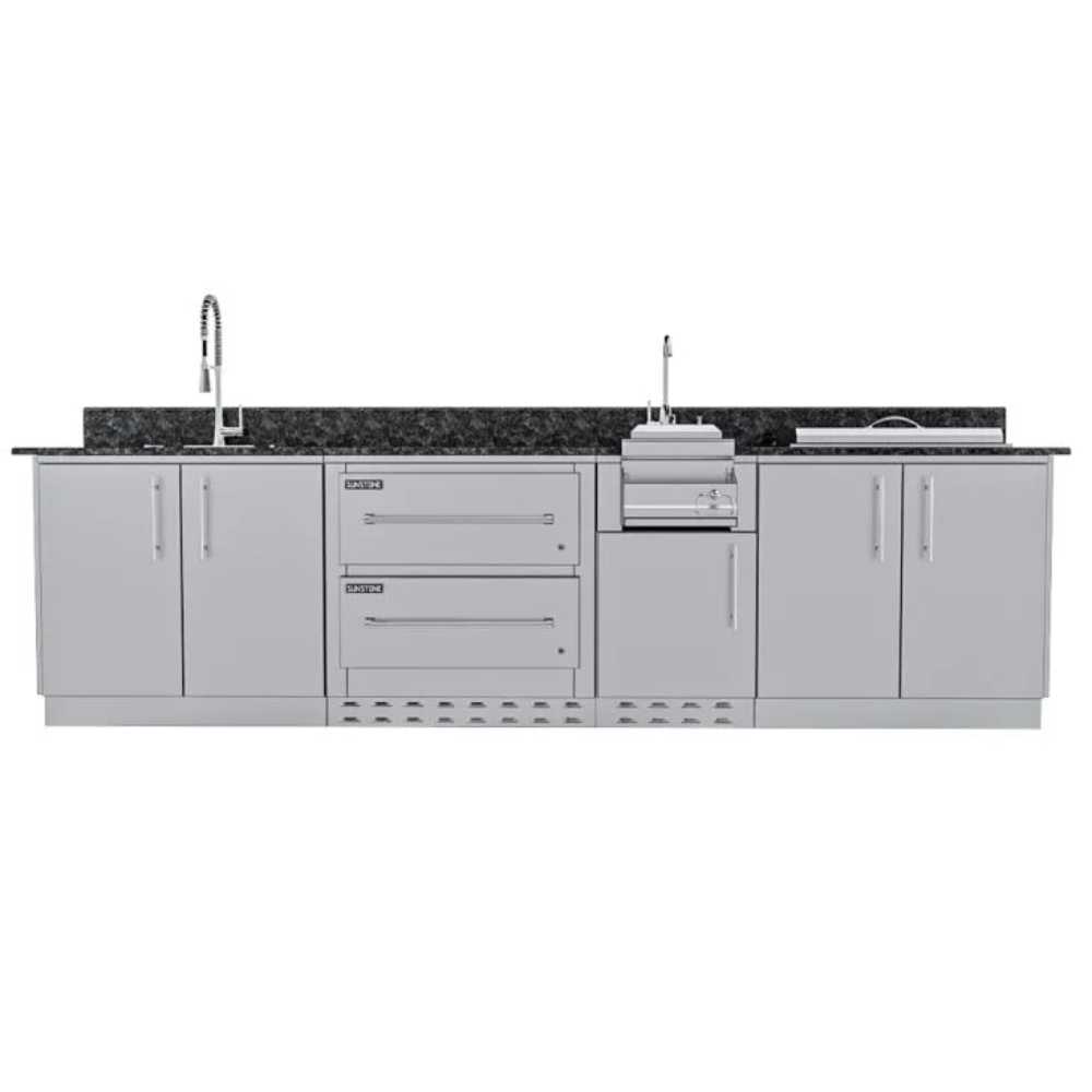 Front-facing view of the sleek Sunstone Galley 10ft 8in Clean & Prep Cabinet Island Package shows its stainless steel cabinets, twin sinks, and grilling area