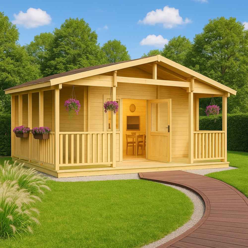 Front view of the GardenHouse24 USA Glostrup 44 Garden Room shows a cozy wooden cabin with a welcoming porch, surrounded by green grass and flowers