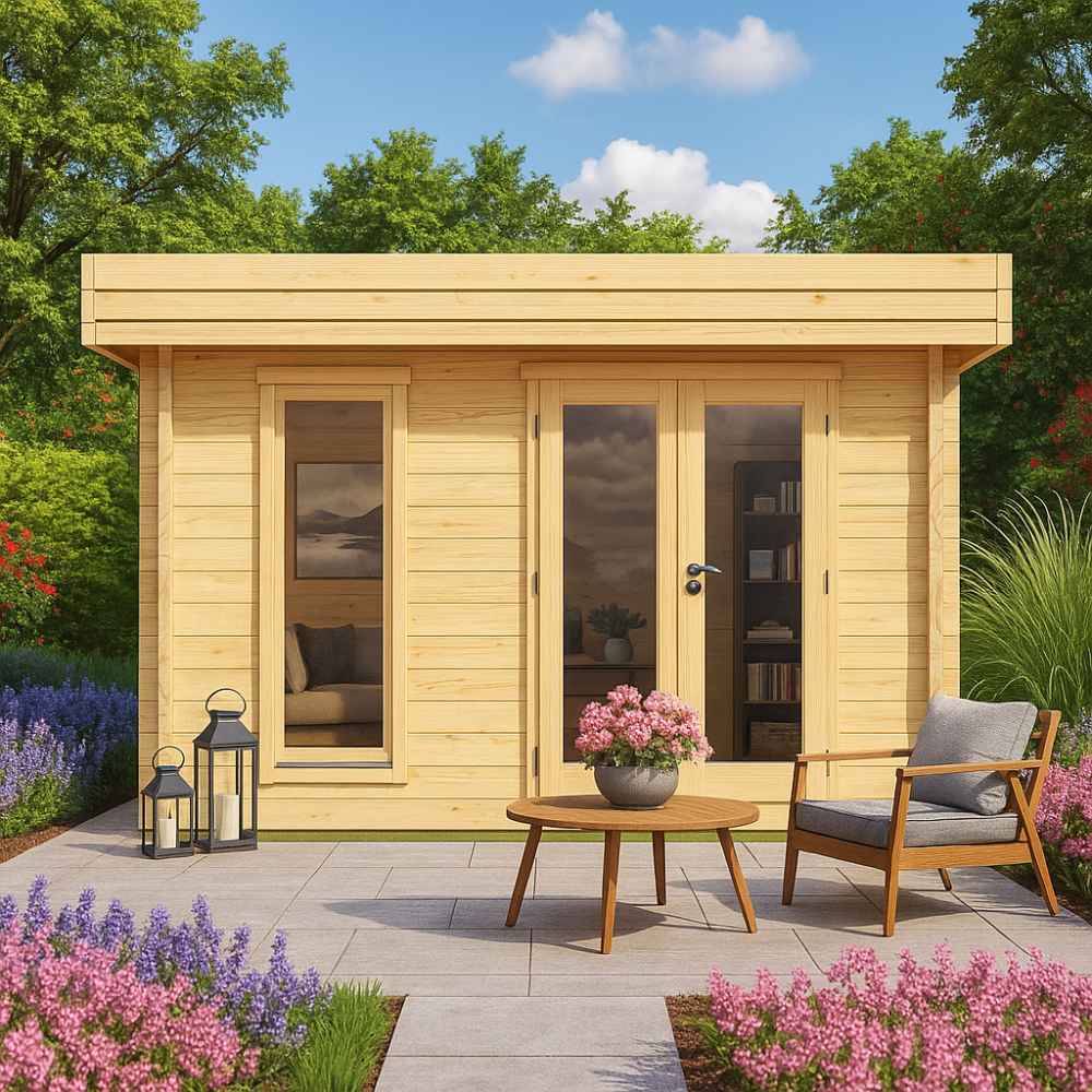 Front view of the GardenHouse24 USA Miriam 44A Modern Garden Room with large glass windows and a centered double door, surrounded by flowers