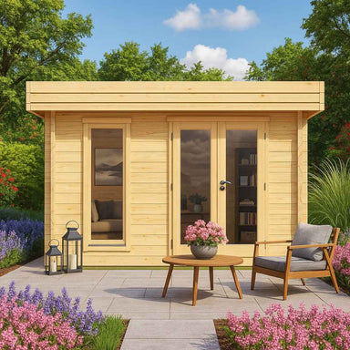 Front view of the GardenHouse24 USA Miriam 44A Modern Garden Room with large glass windows and a centered double door, surrounded by flowers
