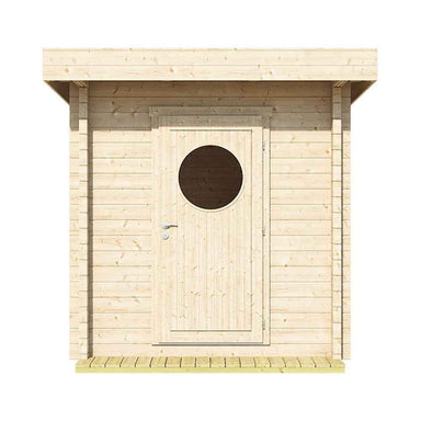 Front view of the GardenHouse24 USA Sauna Maria 90 Garden Room shows a centered door with a circular window and overhanging roof