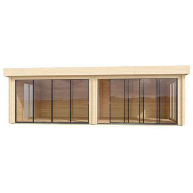 Front view shows the GardenHouse24 USA ALU Concept Lounge 44B Garden Room with two large sliding glass sections offering open visibility