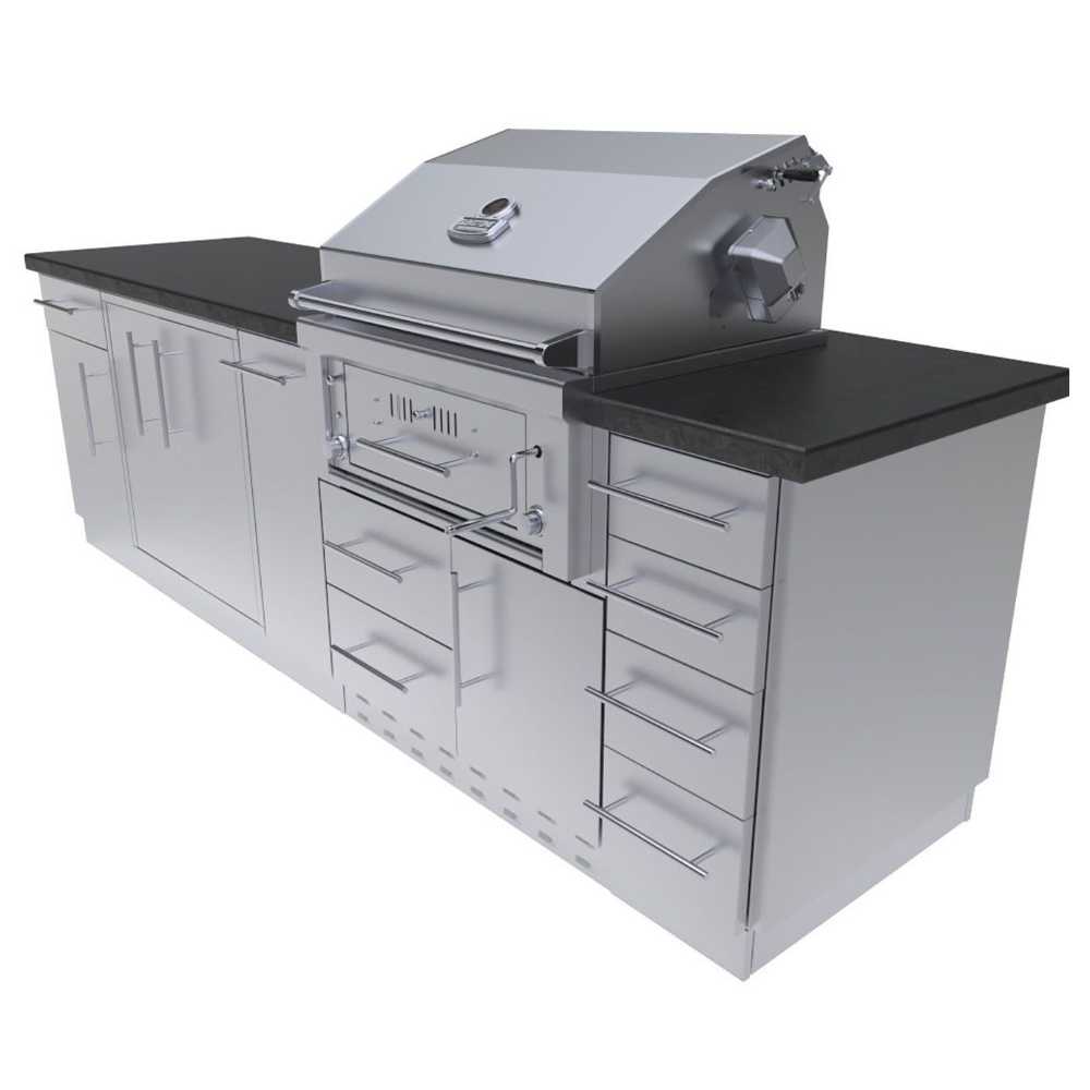 Front angled view of the Sunstone Alamo 9ft Outdoor Hybrid Gas Charcoal Grill & Cabinet Island Package highlights its dual grill system and spacious drawers