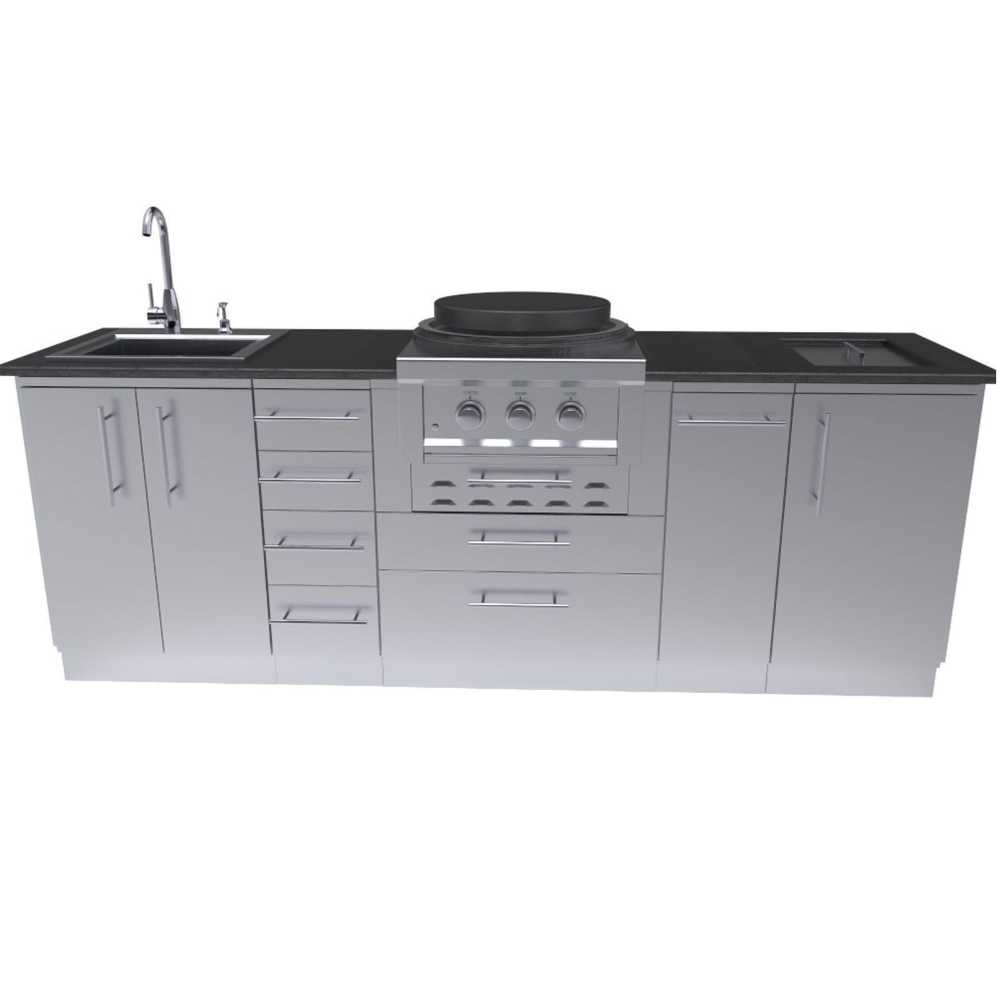 Front view displays all drawers, cabinets, sink, and grill knobs included in the Sunstone Mongo 8ft Outdoor Grill & Cabinet Island Package
