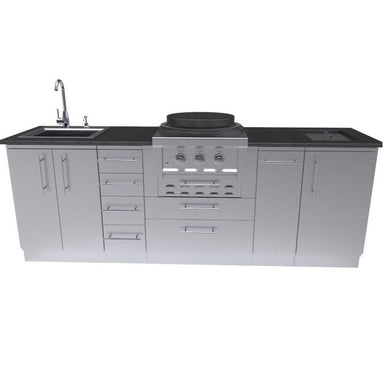 Front view displays all drawers, cabinets, sink, and grill knobs included in the Sunstone Mongo 8ft Outdoor Grill & Cabinet Island Package
