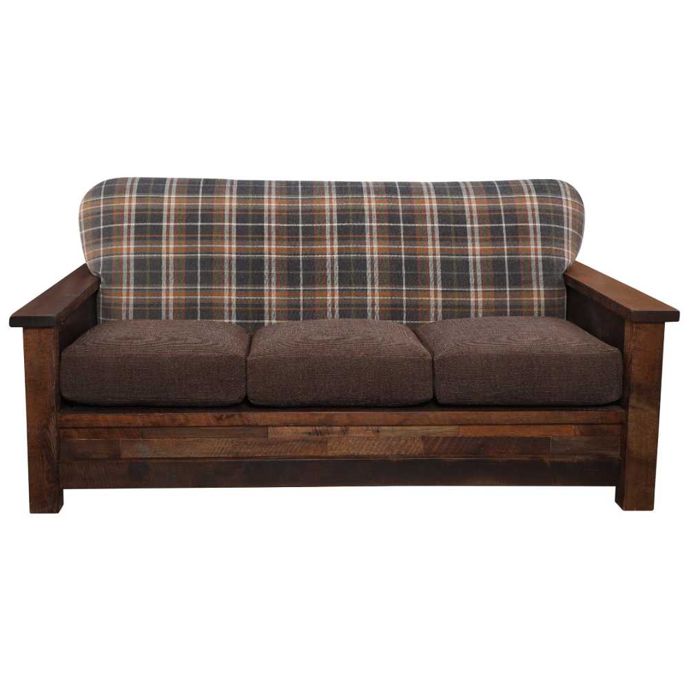 Front view of the Fireside Lodge Barnwood Americana Sofa highlights its deep seating, plush brown cushions, and classic plaid pattern