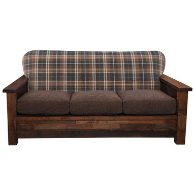 Front view of the Fireside Lodge Barnwood Americana Sofa highlights its deep seating, plush brown cushions, and classic plaid pattern