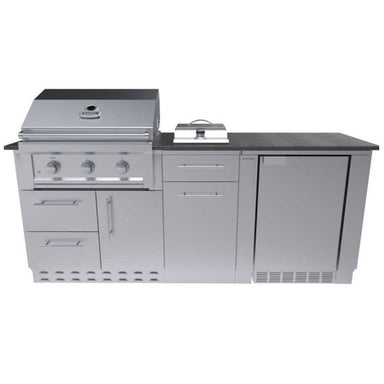 Front view of the Sunstone Tango 7ft Outdoor Grill & Cabinet Island Package, clearly showing the grill, single side burner, drawers, and fridge compartment