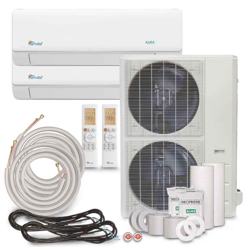 Full installation kit is shown, including two indoor units, an outdoor unit, remotes, and accessories for the Senville 48000 BTU Dual Zone Mini Split Air Conditioner - Heat Pump - SENA48HFD