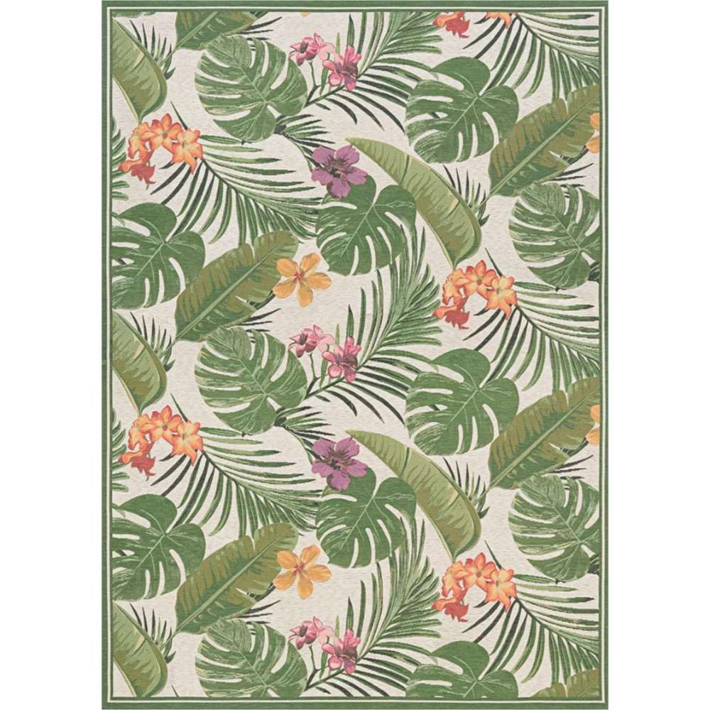 Full layout of Couristan Dolce Indoor/Outdoor Rug - Flowering Fern/Ivory-Hunter Green features repeating green leaves and flowers