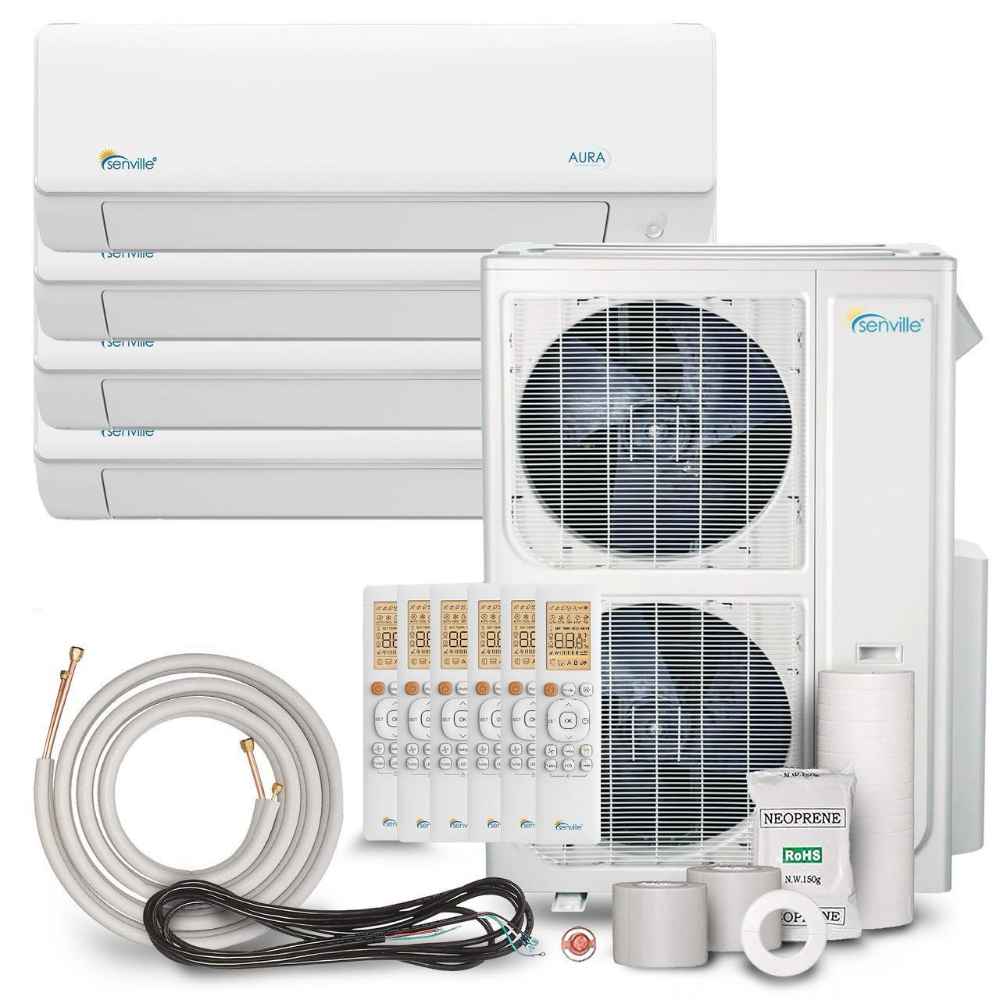 Full package of Senville 48000 BTU Quad Zone Mini Split Air Conditioner - Heat Pump - SENA48HFQ including indoor units, the outdoor unit, remotes, and installation accessories