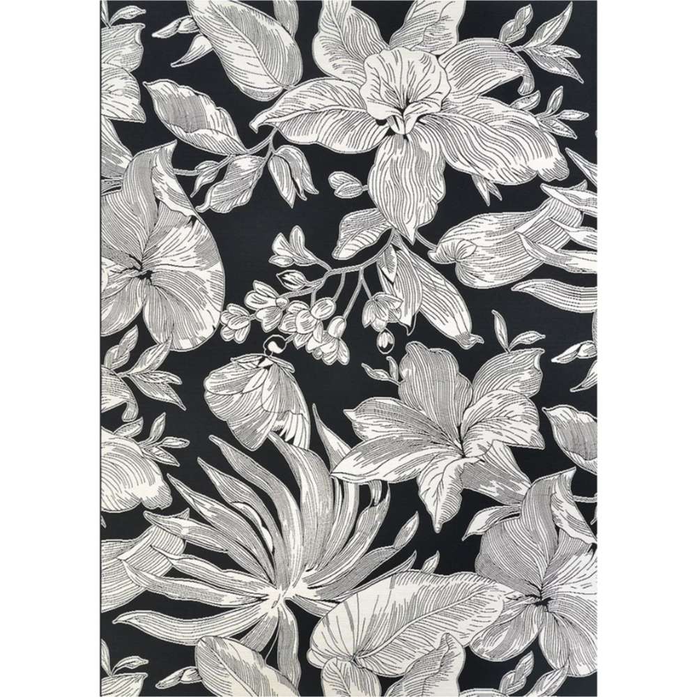 Full top-down view of Couristan Dolce Indoor/Outdoor Rug - Flora/Nero shows the entire floral composition