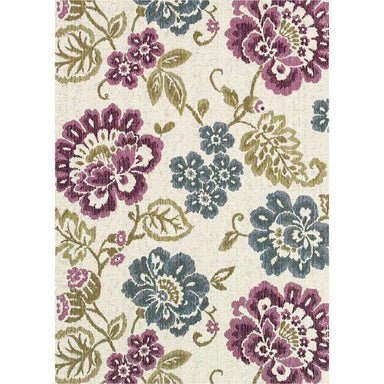 Full view of Couristan Dolce Indoor/Outdoor Rug - Tivoli/Ivory-Multi shows its colorful floral pattern with purple, blue, and green blooms over an ivory field