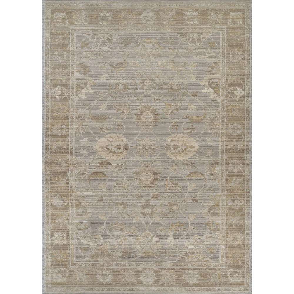 Full view of Couristan Fez Indoor/Outdoor Rug - Palais/Storm Grey displaying its bordered design with an overall distressed look