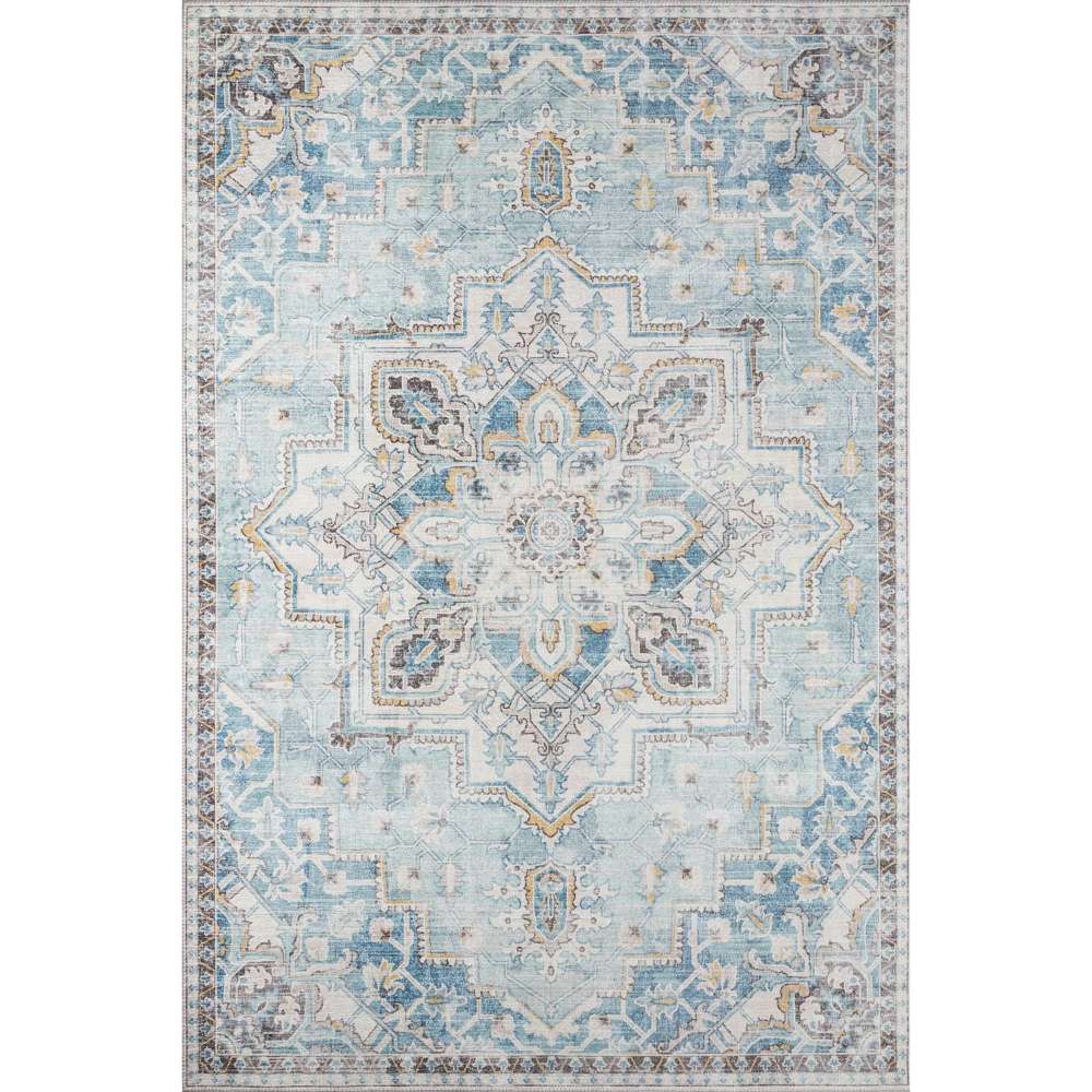 Full view of Momeni Afshar Indoor Rug - AFS32 Light Blue featuring a traditional medallion design in light blue, ivory, and soft gold