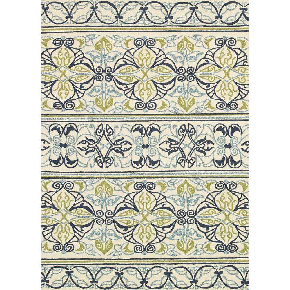 Full overhead view of the Couristan Covington Indoor/Outdoor Rug - Pegasus/Ivory-Navy-Lime reveals its ornate, repeating pattern of scrolls and shapes