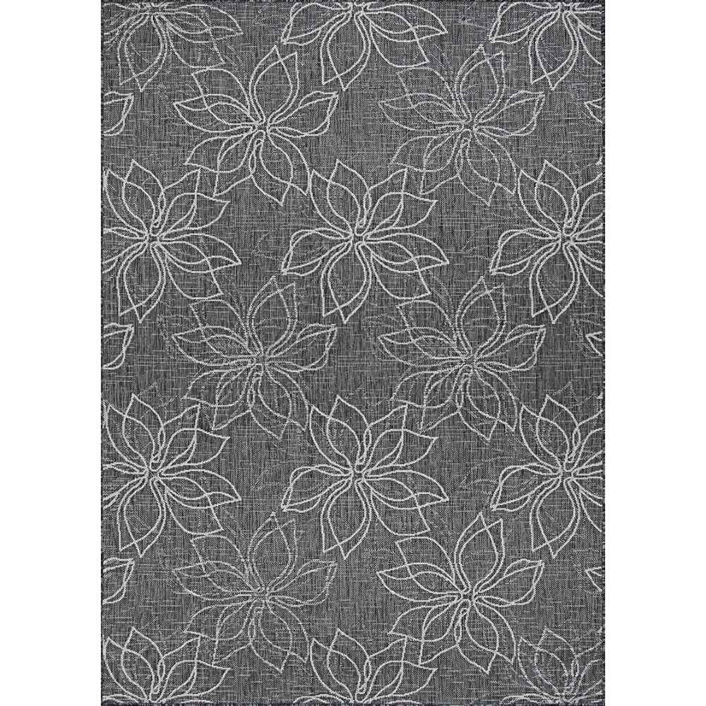 Full rectangular Couristan Charm Indoor/Outdoor Rug - Botanical/Ash features a repeating pattern of white outlined flowers on an ash-toned background