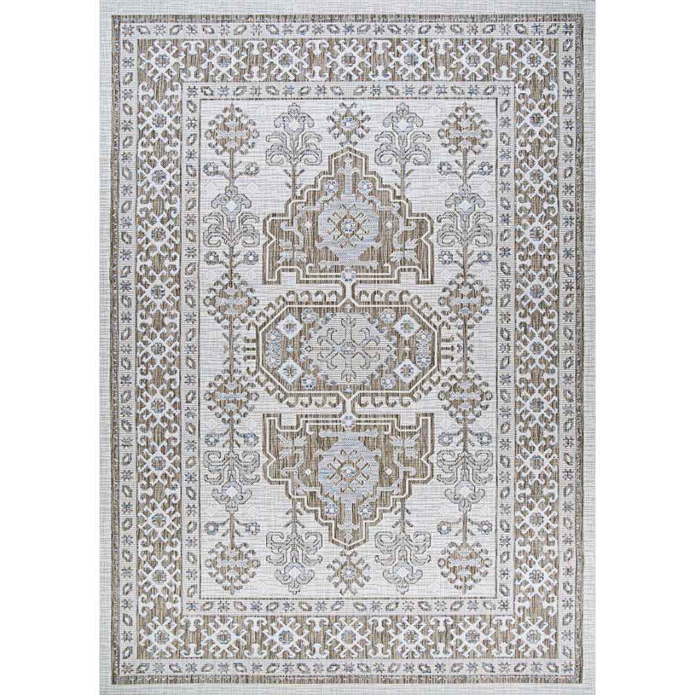 Full rectangular view of the Couristan Charm Indoor/Outdoor Rug - Woodburn/Ivory-Sand showcases its balanced medallion layout and decorative borders