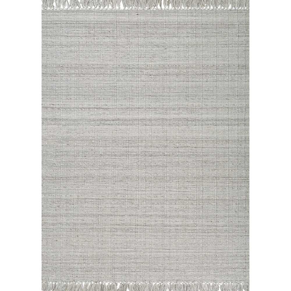 Full view of the Couristan Ascot Indoor/Outdoor Rug - Windowpane/Linen displays its rectangular shape with symmetrical fringe on both ends