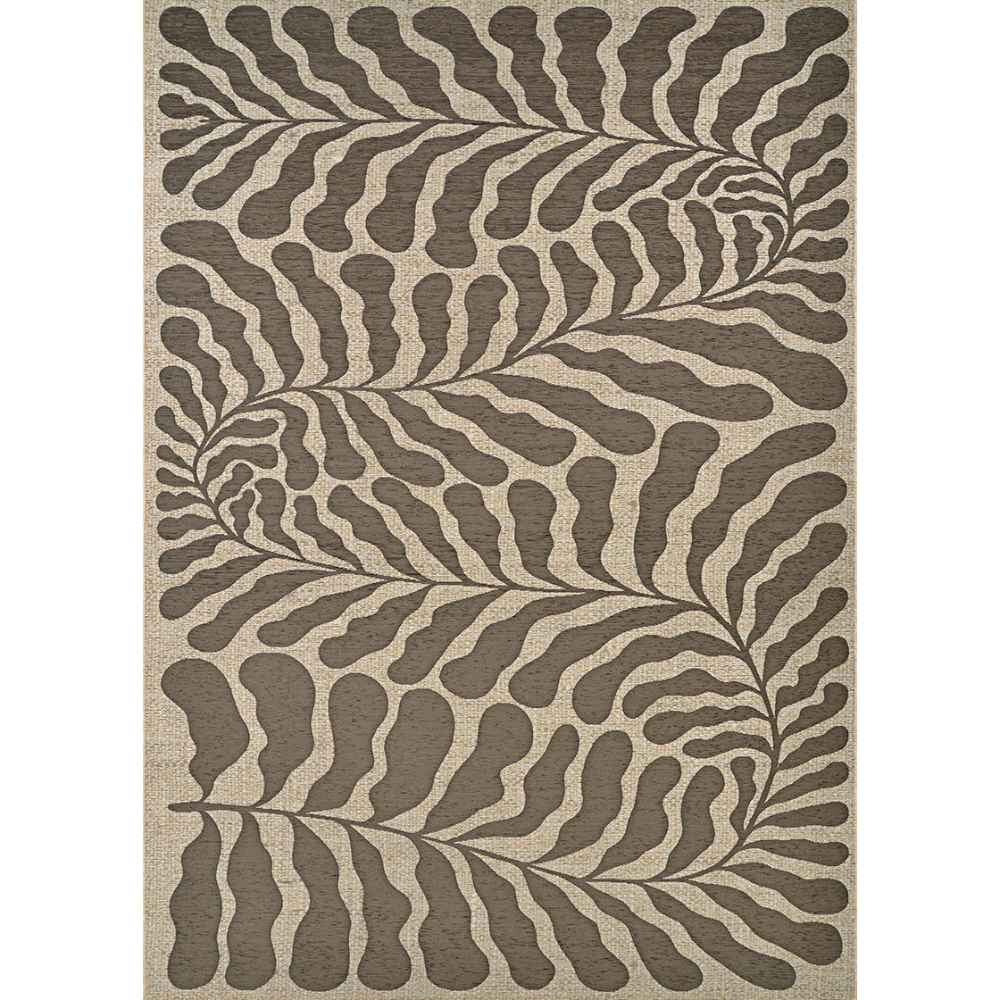 Full view of the Couristan Castille Indoor/Outdoor Rug - Fiore/Mocha reveals a symmetrical leaf-like pattern in mocha and beige
