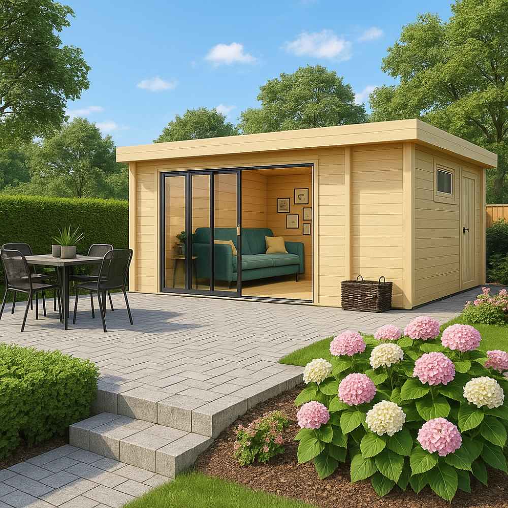 GardenHouse24 USA ALU Concept 70B Garden Room features a warm wood exterior and opens to a tidy patio with a table, chairs, and flower garden