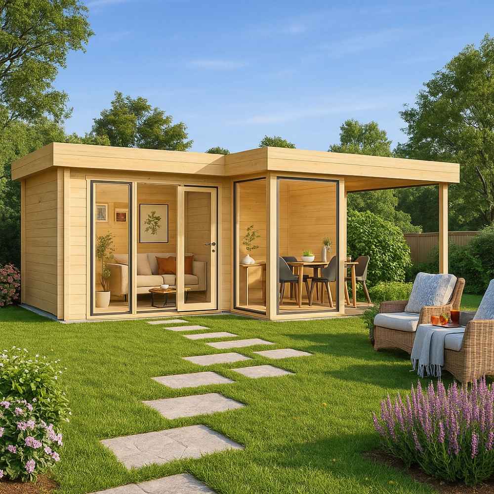 GardenHouse24 USA ALU Concept 70M Garden Room appears cozy and inviting with a patio area, glass doors, and a lush green garden path leading to the entrance