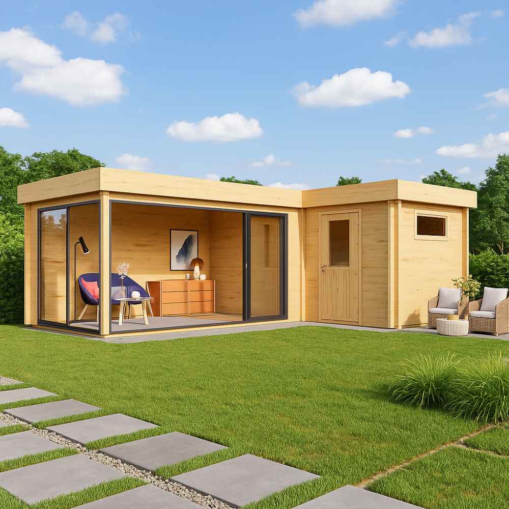 GardenHouse24 USA ALU Concept 70N Garden Room features a clean-lined wooden design with expansive windows and patio chairs under a bright blue sky