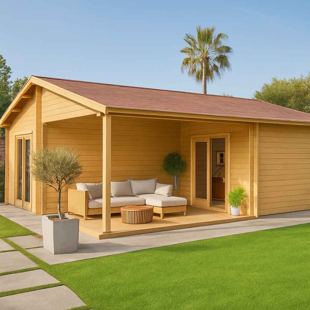 GardenHouse24 USA Bendy 70 Garden Room is pictured from another angle with a corner porch setup, modern outdoor seating, and glass doors leading inside