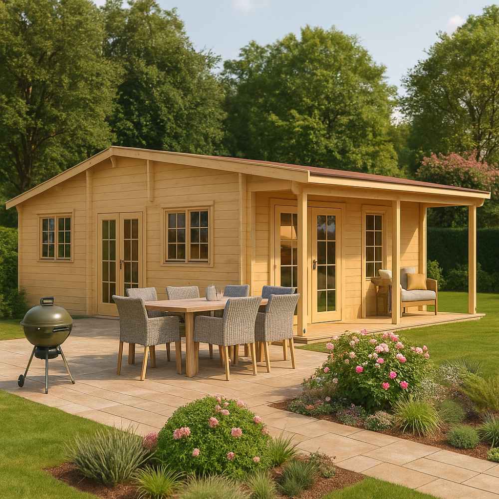 GardenHouse24 USA Bente 70 Garden Room features a charming log-style exterior with an outdoor dining area and barbecue grill in a lush garden