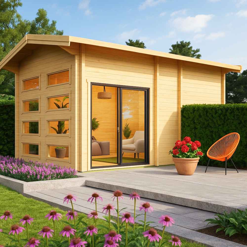 GardenHouse24 USA Caddie 70B ALU ISO Garden Room appears with large glass windows and a cozy patio featuring flowers and a bright orange chair