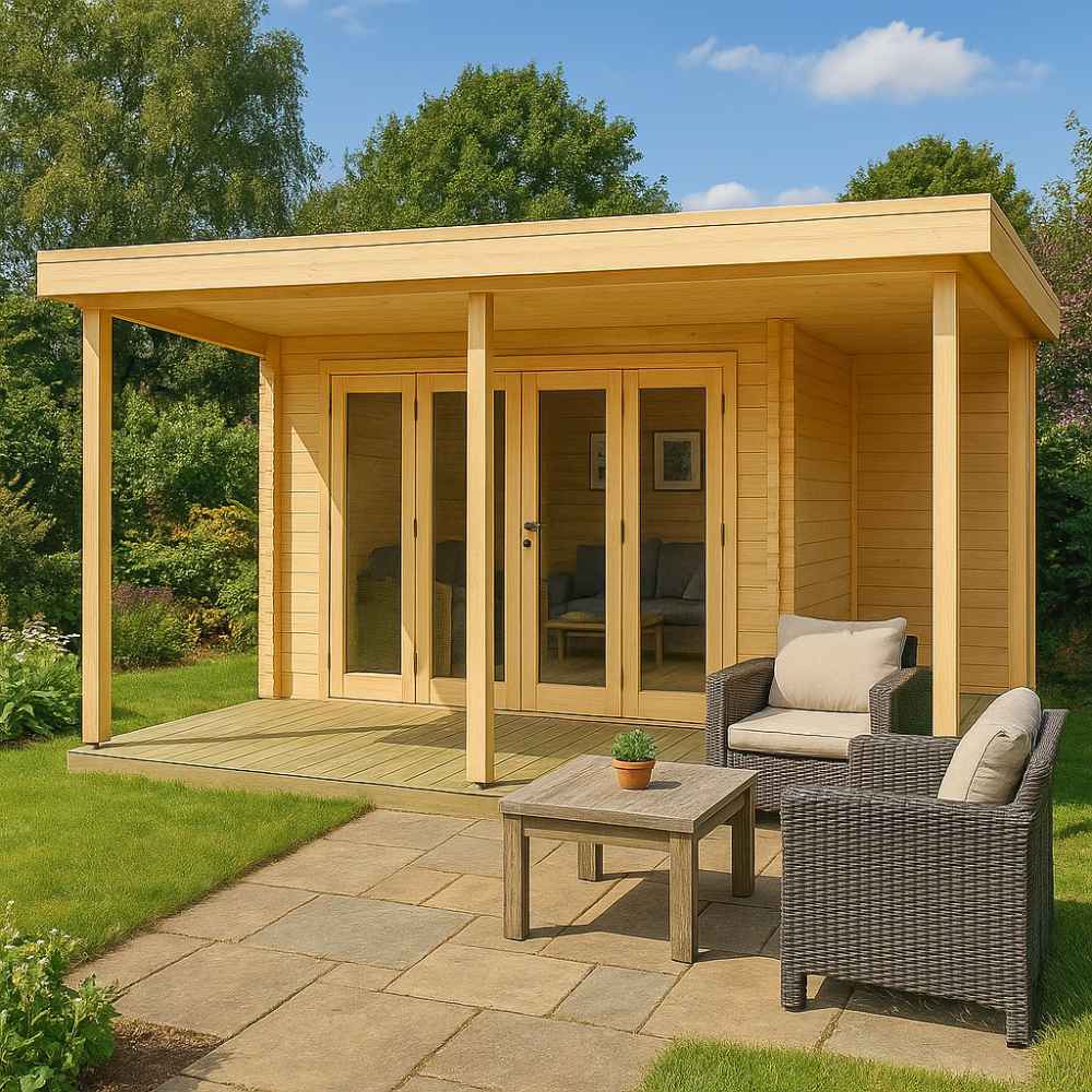 GardenHouse24 USA Keno 70 Garden Room is set up in a lush garden, featuring large glass doors and a covered porch with wicker furniture