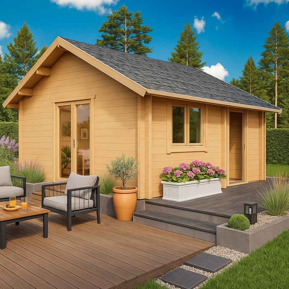 GardenHouse24 USA Melanie 70 Garden Room with a dark shingled roof and stylish patio seating