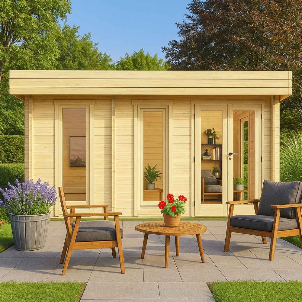 GardenHouse24 USA Miriam 44C Modern Garden Room set in a garden with modern patio furniture and potted plants in the foreground