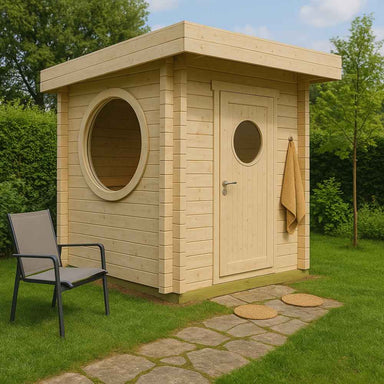GardenHouse24 USA Sauna Maria 90 Garden Room is placed on a grassy lawn with a stone path, featuring a round window and door with circular glass