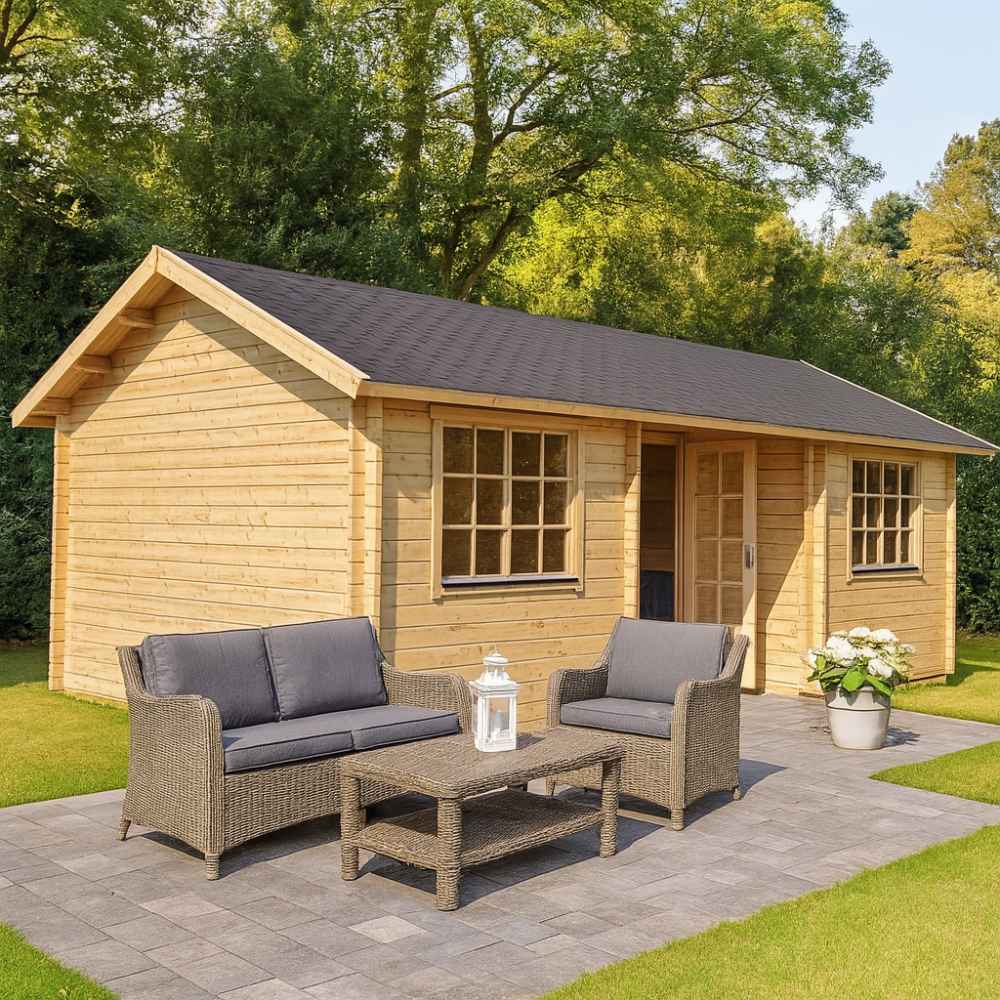 GardenHouse24 USA Wallis 44 Garden Room with a shaded patio and outdoor wicker seating