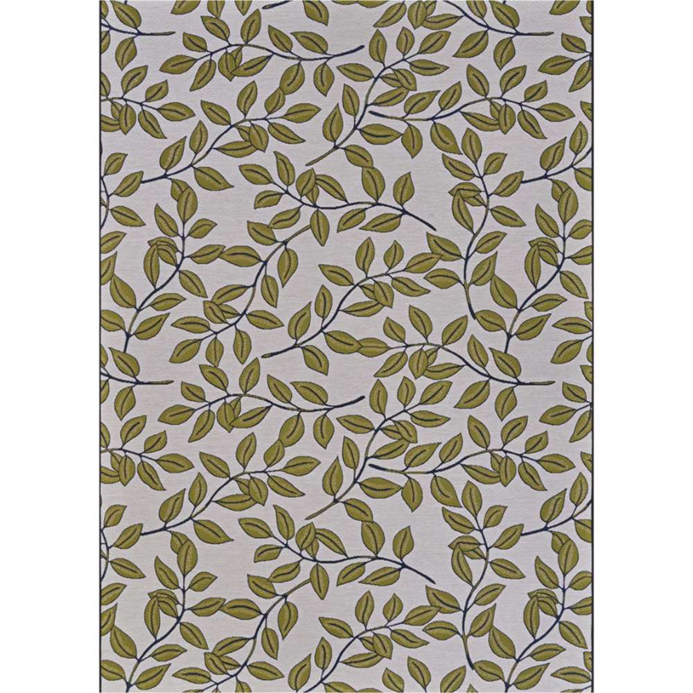 In a cozy patio setting, Couristan Dolce Indoor/Outdoor Rug - Summer Ivy/Ivory-Olive lies beneath wooden furniture