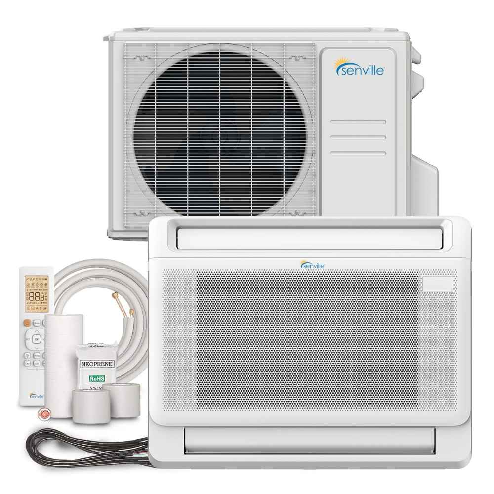Indoor and outdoor units along with installation accessories of the Senville 12000 BTU Floor Mounted Mini Split Air Conditioner - Heat Pump - SENA12HFIF