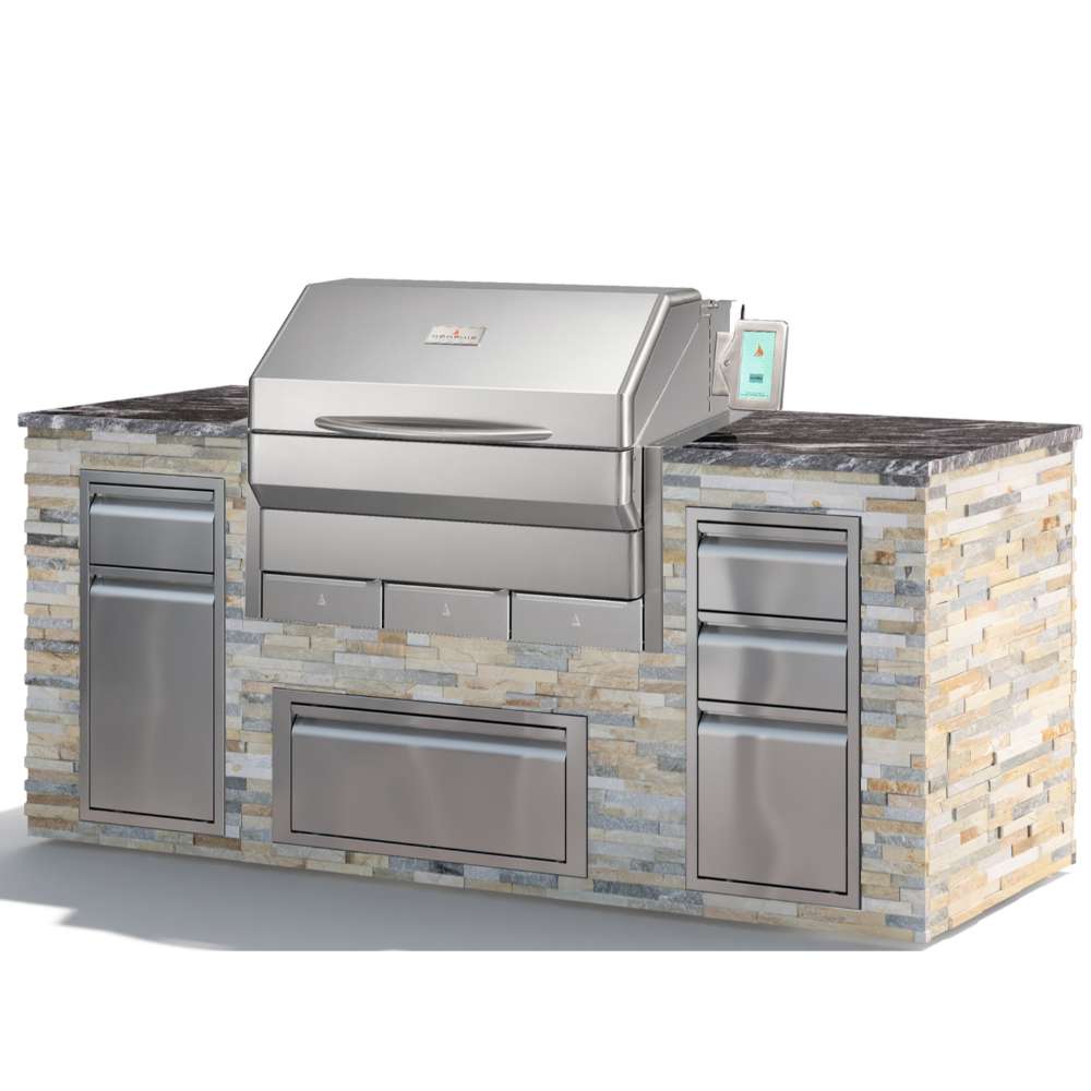 Memphis Grills Elite Built-In ITC3 is seamlessly built into an outdoor kitchen island with a stylish stone finish