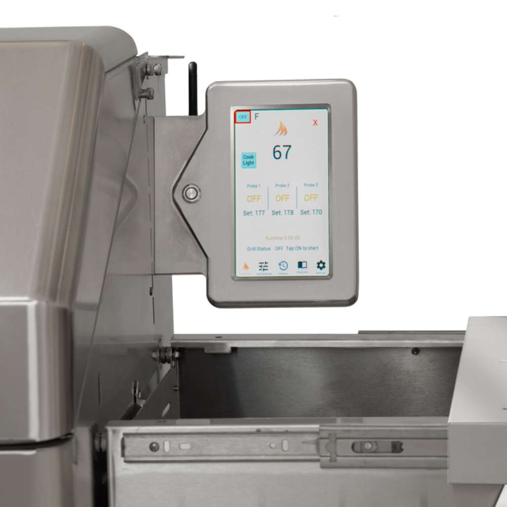 Memphis Grills Elite Cart ITC3 features a sleek, stainless steel touchscreen control panel, displaying temperature settings and grill probe statuses