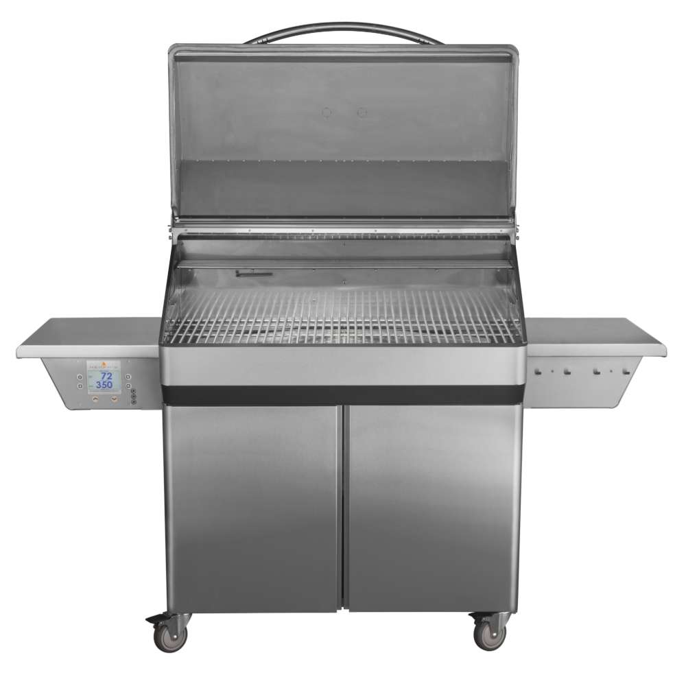 Memphis Grills Elite Cart ITC3 is an elegant, large stainless steel pellet grill with a spacious cooking surface and sturdy side shelves