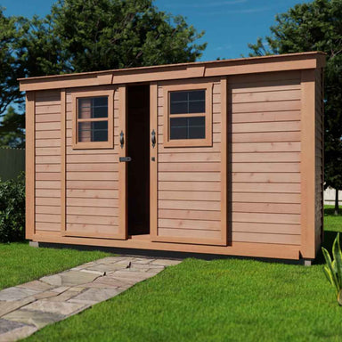One door is slightly ajar on the Outdoor Living Today 12×4 with Sliding Doors SpaceSaver Storage Shed