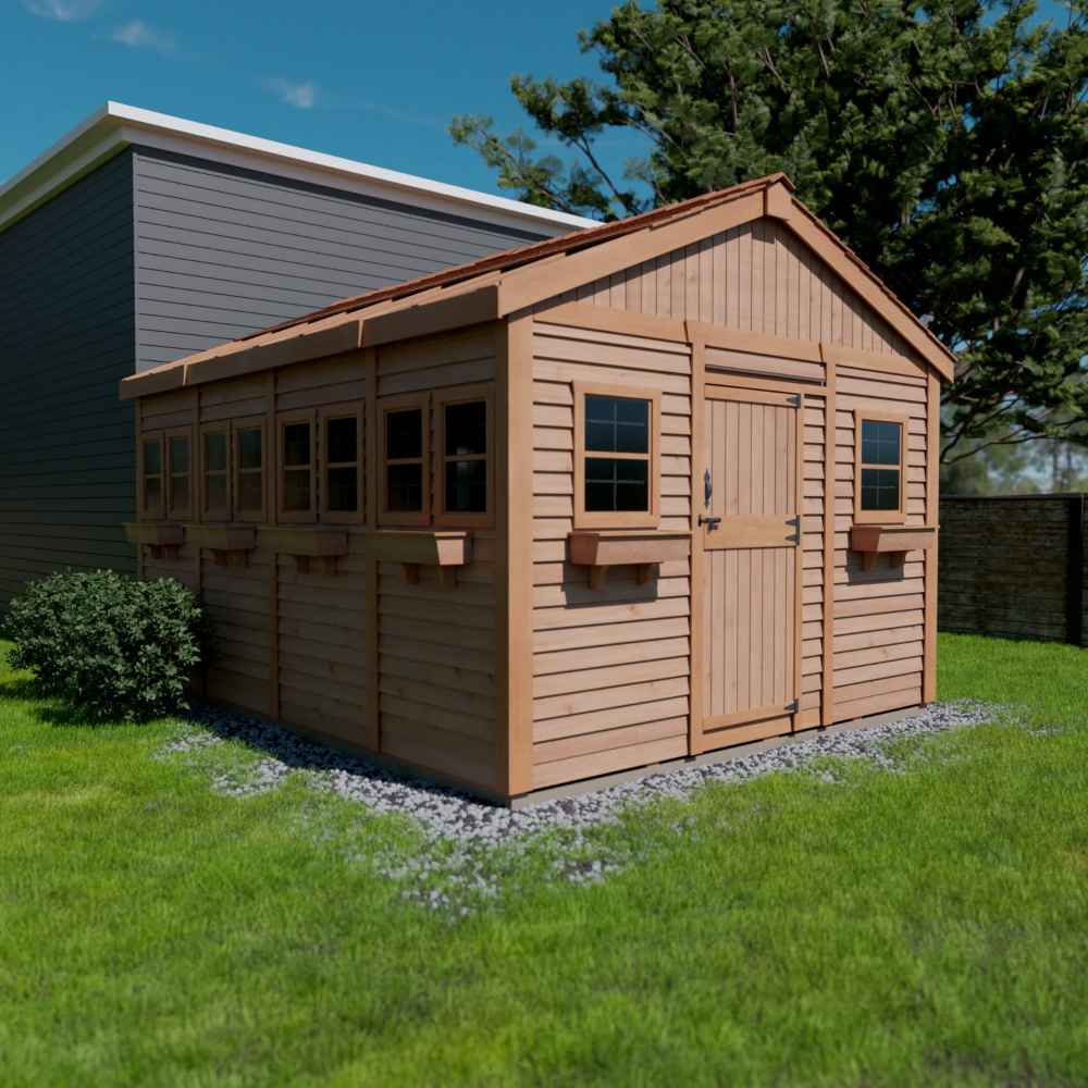 Outdoor Living Today 12×16 Sunshed Garden Shed placed on a green lawn, showcasing multiple side windows and a front doorOutdoor Living Today 12×16 Sunshed Garden Shed placed on a green lawn, showcasing multiple side windows and a front door
