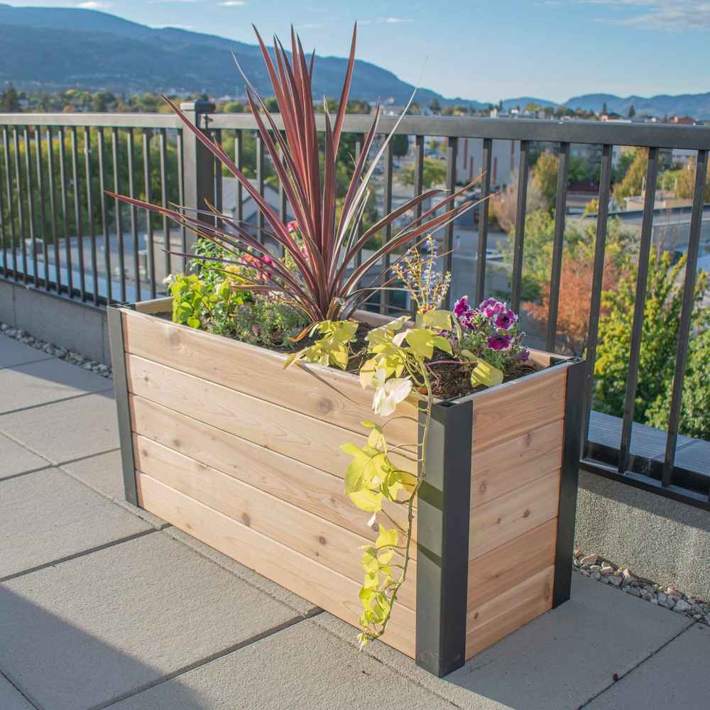 Outdoor Living Today 4×1.5 Urban Raised Garden Bed is displayed on a rooftop filled with colorful flowers and plants