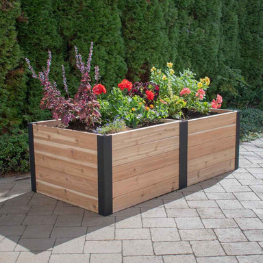 Outdoor Living Today 6×3 Urban Raised Garden Bed is fully planted with vibrant red, yellow, and purple flowers in a sunlit backyard