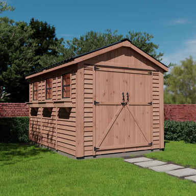 Outdoor Living Today 8×12 Space Master Storage Shed features multiple side windows with flower boxes and a wide double door in front