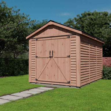Outdoor Living Today 8×12 Space Master Storage Shed is viewed at an angle, highlighting its long wooden siding and black metal roof